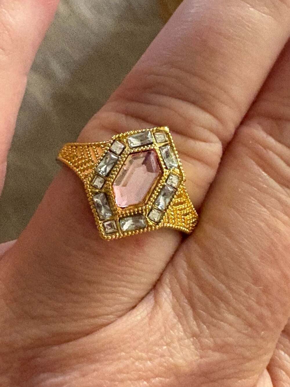 Shimmer By Cindy Art Deco Ring Pink Stone Gold Size 9